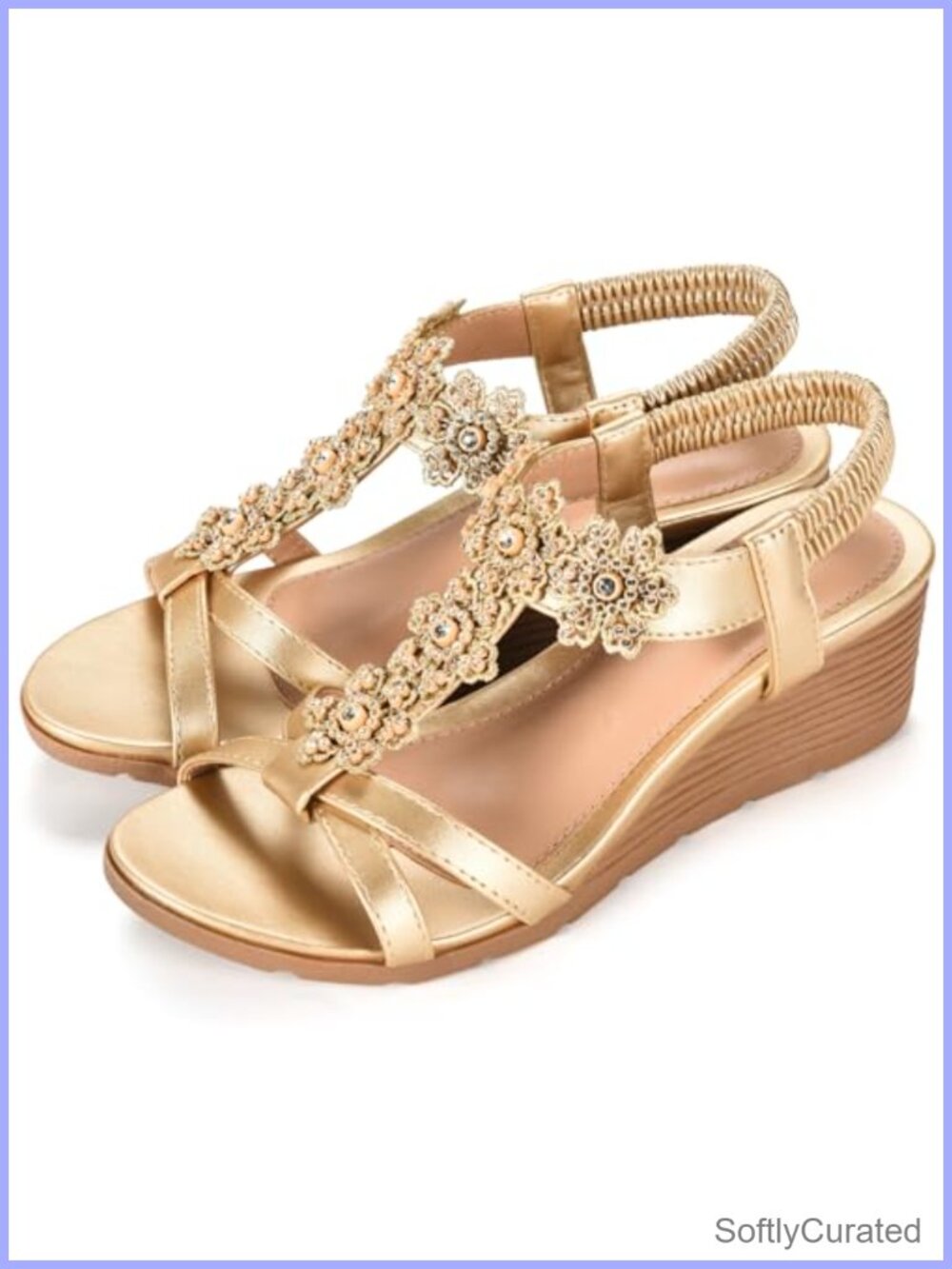 Rhinestone Wedge Sandals with Elastic Backstrap and Faux Leather